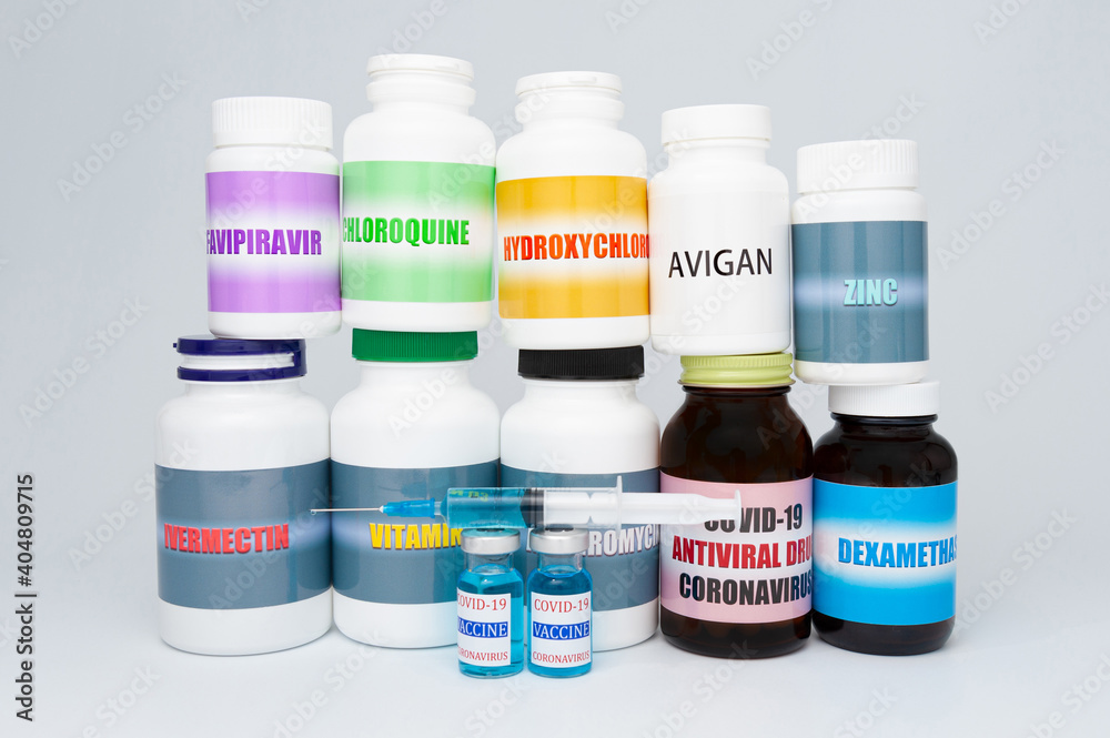 Medical concept - Vaccine, Drugs and Medicines used in the treatment and prevention of COVID-19. Isolated on white background