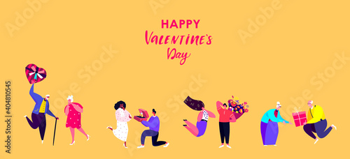 St Valentine Day Greeting Card.Young,Elderly Couples Celebrate Holiday.Men give a Bouquets of Flowers,Gifts to Women,Girlfriends for St Valentine's Day.Loving Romantic People. Flat Vector Illustration