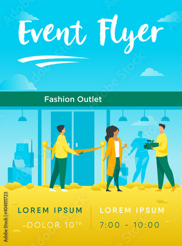 Outlet opening ceremony. Man cutting red ribbon, journalist, cameraman flat vector illustration. Fashion news, reportage, shopping concept for banner, website design or landing web page