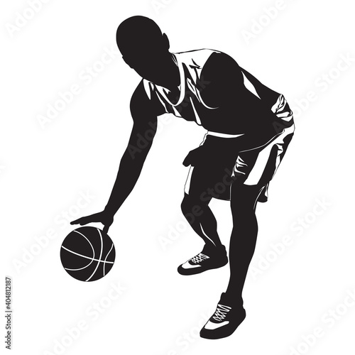 Professional basketball player silhouette with ball, vector illustration. Basketball dribbling skills.