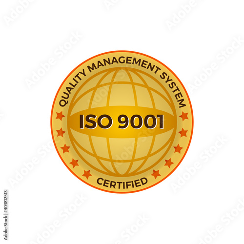 ISO 9001 certified golden label, vector illustration. Iso 9001 standard certified icon vector on white background. EPS 10