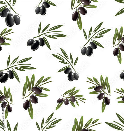 Seamless pattern with black olive tree branches on white background