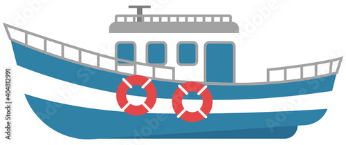 Ship for travel by water. Sea transport isolated on a white background. Boat with anchor and cabin. Lifebuoys to rescue drowning people are on the board. Vehicle for transporting passengers
