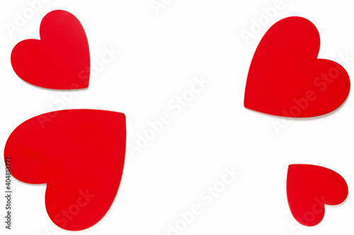Frame Love symbols on Valentine day 14th February, red painted hearts on white background