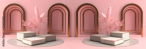 3D rendering of square marble Pedestal  and pink walls with circular arches. Podium for display product on the pink floor can be used for advertising Isolated on pink background  illustration.