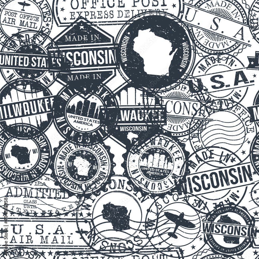 Milwaukee Wisconsin Stamps Background. City Stamp Vector Art. Postal Passport Travel. Design Set Pattern.