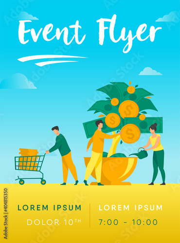 People growing money tree. Investors watering plant with cash, getting revenue. Vector illustration for business, finance, investment, growth, prosperity concept