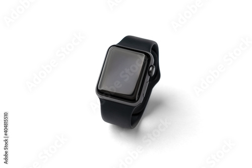 Black sport smartwatch isolated on white background.