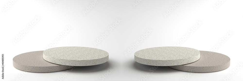 3D rendering of Round marble Pedestal is overlapping, Podium for display product on the white floor. Pedestal can be used for advertising, Isolated on white background, Minimalist white, illustration. 3D rendering of Round marble Pedestal is overlapping, Podium for display product on the white floor. Pedestal can be used for advertising, Isolated on white background, Minimalist white, illustration.