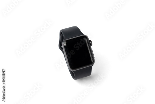 Black sport smartwatch isolated on white background.