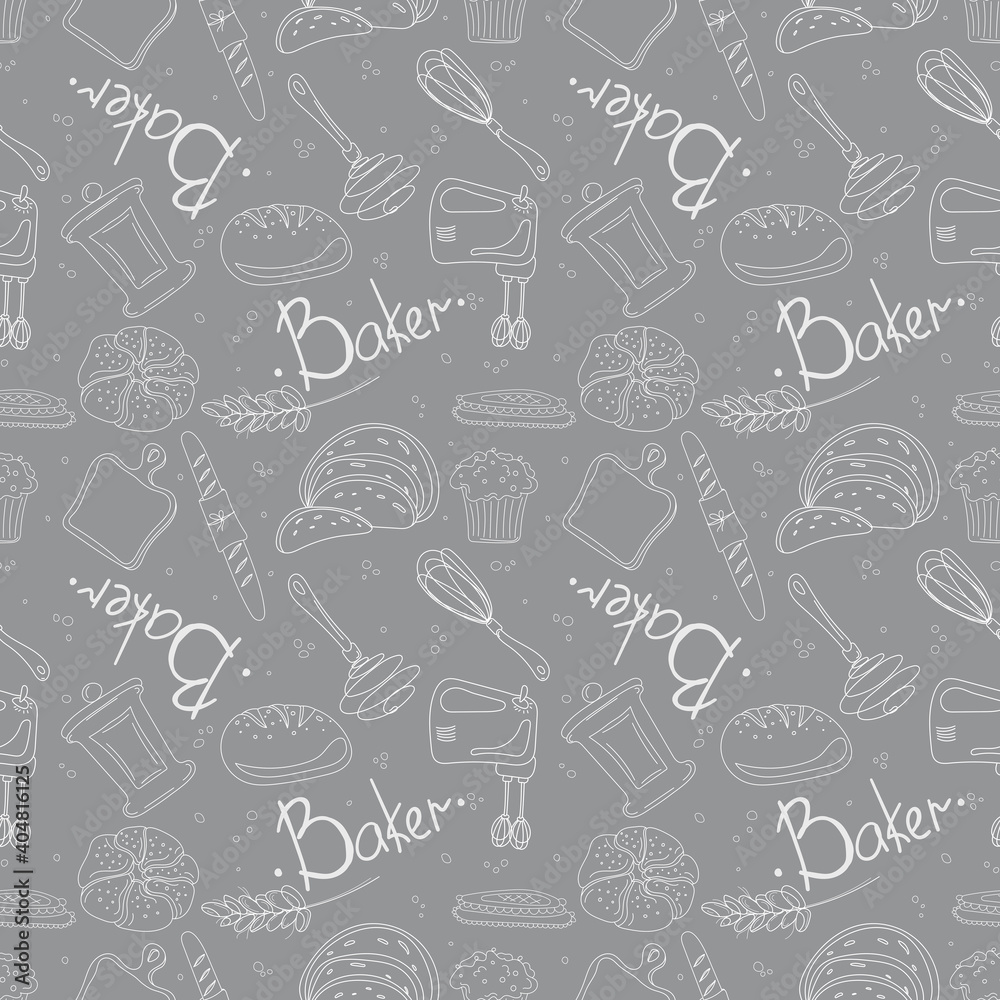 Seamless pattern of baking and cooking tools stock illustration in doodle sketch style. Design for background, fabric, wrapping paper, textile, wallpaper etc.