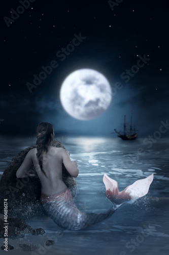 Mermaid At the Edge of the Sea in the Night