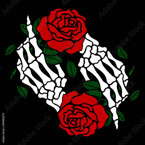 Vector illustration of a skeleton hand holding a red rose isolated on black. Image rotated on itself. 