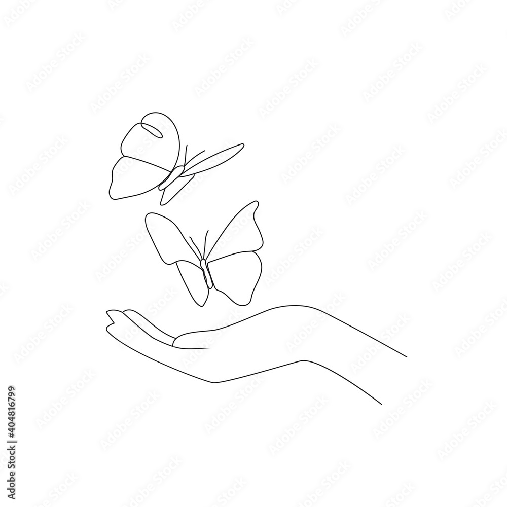 Female Hand with Butterflies Continuous One Line Drawing. Butterfly on Hand Line Art Style Illustration. Black White Modern Artwork. Minimalist Abstract Design. Vector EPS 10.