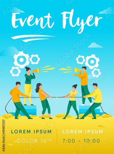 Group leaders shouting at megaphone. Teams playing tug-of-war, pulling rope with golden cup flat vector illustration. Competition, contest concept for banner, website design or landing web page