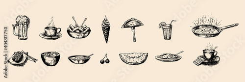 Vector hand sketch of food set. Retro illustration.