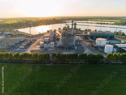 Aerial view of Oil and gas industry facility for storage of oil and petrochemical products.Refinery oil and gas factory power and fuel energy.engineering concept.