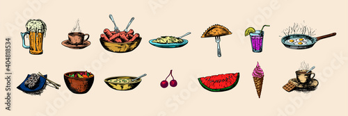 Vector hand sketch of food set. Retro illustration.