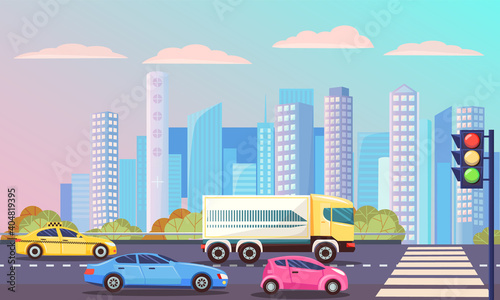 Cityscape with street with zebra vector, transportation cars on roads. Traffic lights and bridge with automobile, skyscrapers and buildings lorry taxi illustration in flat style design for web, print
