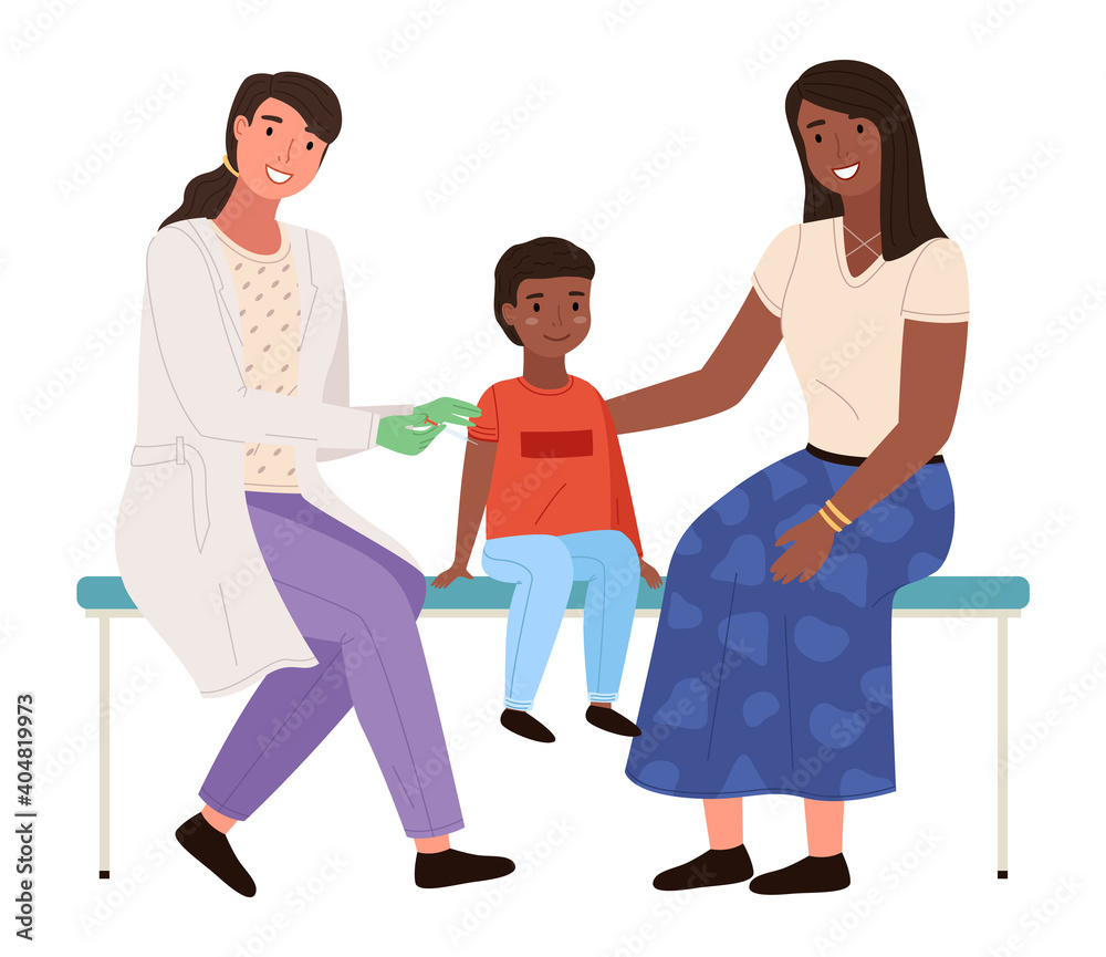 Obraz premium The nurse with a syringe vaccinates the child. Mom and son at the appointment in the hospital. Female character works at clinic with special equipment. A doctor giving an injection to a little boy