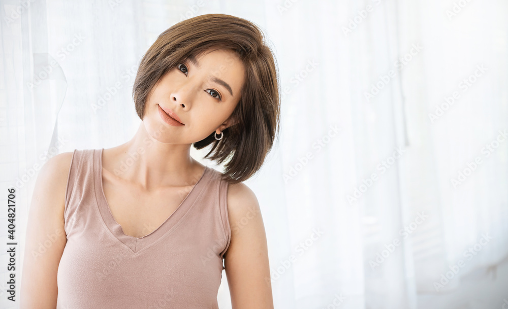 Portrait Of Young Beautiful Asian Woman Facial Treatment Relax. Smile Happy  Face Fashion Asian Girl Looking. Lifestyle Japanese Makeup Smart People  Glow Skin Beauty, Girl Next Door Concept Stock Photo, Picture And
