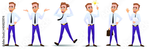 An employee in a professional position, walking, working, running, jumping, angry. A large set of business characters, office workers, office managers. Vector illustration