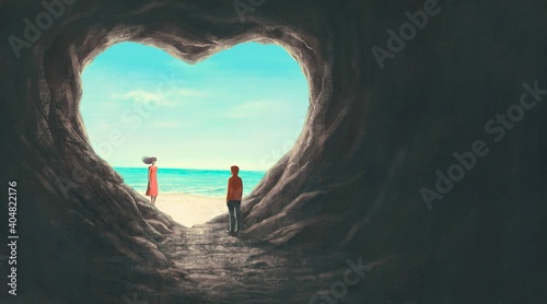 Love concept artwork, man and woman with heart cave and sea, imagination painting, 3d illustration, surreal conceptual art, fantasy landscape photo