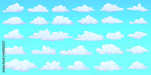 Fototapeta Naklejka Na Ścianę i Meble -  Collection of cartoon white clouds of different shapes isolated on light blue background. Collection of icons or logos in flat style. Vector illustration