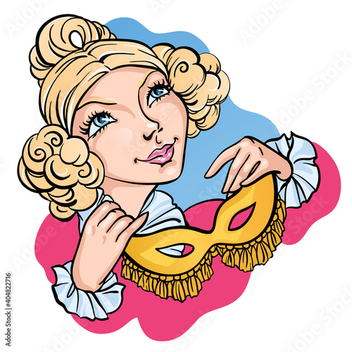 Beautiful blonde princess girl hold the mask and smiles, on masquerade. Hand drawn vector illustration for custom design and print.