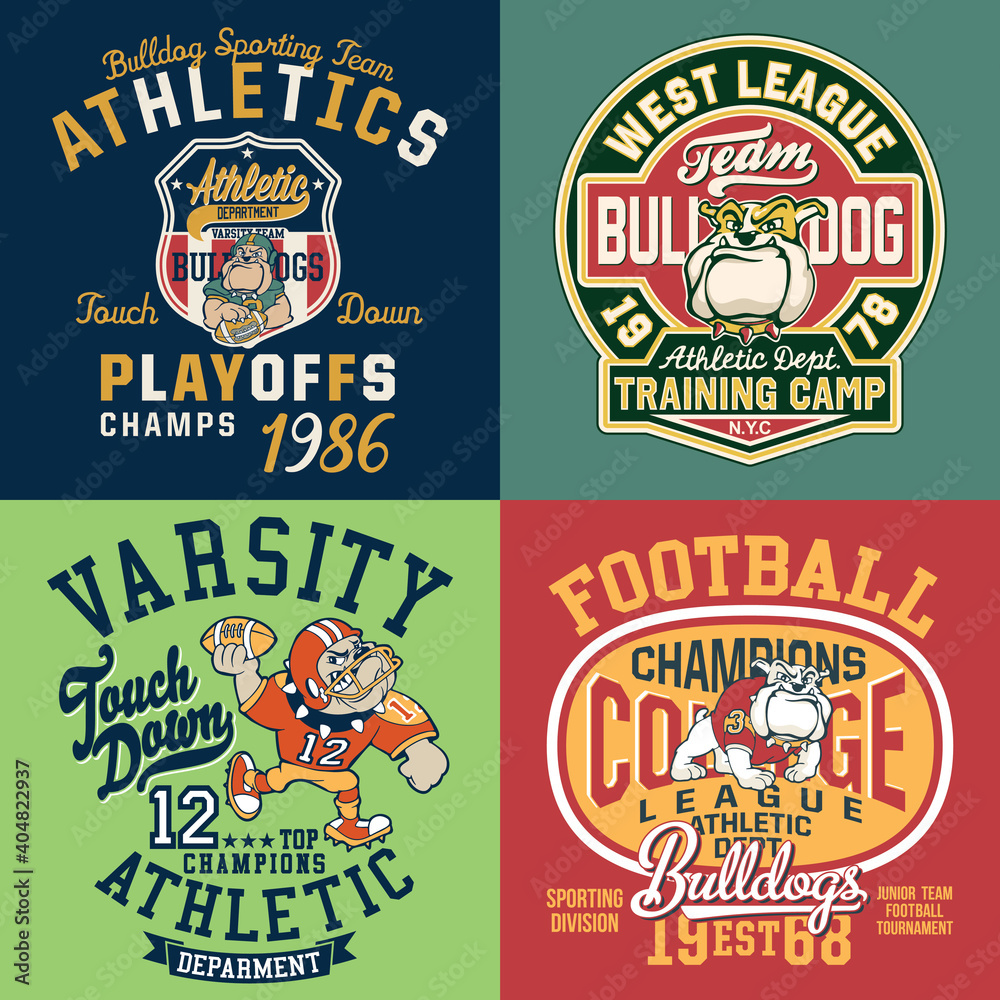 Cartoon bulldog american football college team cute vector print collection for children wear
