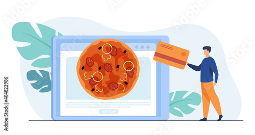 Tiny man ordering pizza online and paying with card. Tablet, meal, Italia flat illustration. Food delivery and payment concept for banner, website design or landing web page
