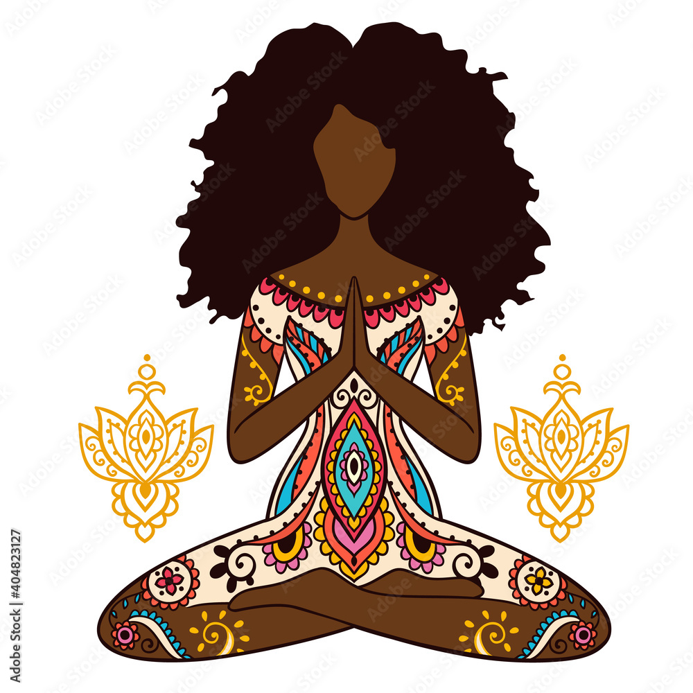 Yoga girl. african american woman doing yoga. Dreadlocks hairstyle Ornament  Meditation pose Stock Vector | Adobe Stock