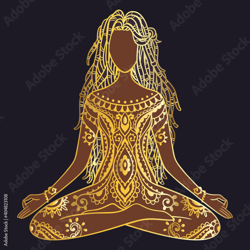 Yoga girl. african american woman doing yoga. Dreadlocks hairstyle Ornament Meditation pose