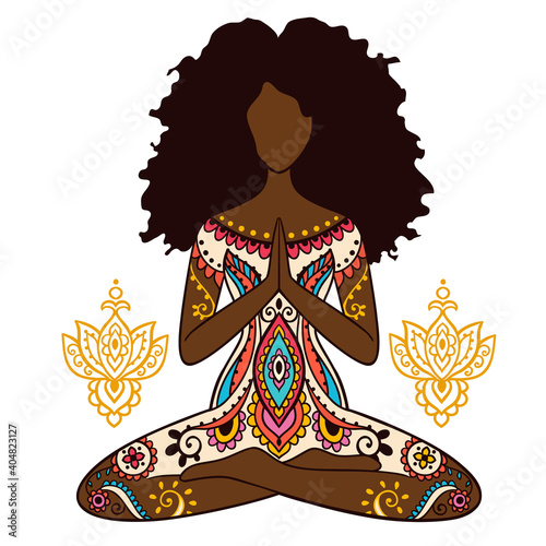 Yoga girl. african american woman doing yoga. Dreadlocks hairstyle Ornament Meditation pose