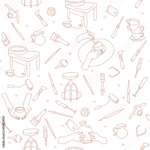 Clay crafting seamless pattern in doodle style.Pottery modeling and sculpture tools.Line art instruments. Ceramics workshop.Background,print for website,textile,stationery.Wallpaper for app,smartphone