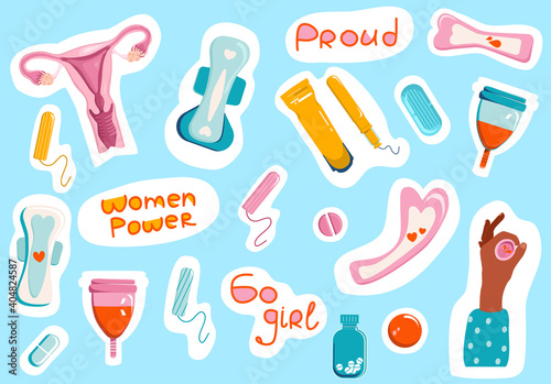 Proud to be woman stickers collection.Female hygiene.Clip art set of menstruation and periods products in trendy colors.Girl power quotes.Tampons,various Sanitary  pads.Vector for stationery,fabric