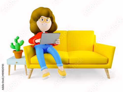 Girl Susie sits on sofa and holds a laptop in her hands. 3d rendering. 3d illustration. 3d character