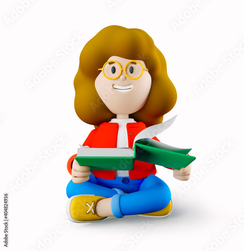 Girl Susie sits with the book in her hands. 3d rendering. 3d illustration. 3d character photo