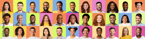 Multiracial People Faces Smiling Posing Over Different Pastel Colored Backgrounds