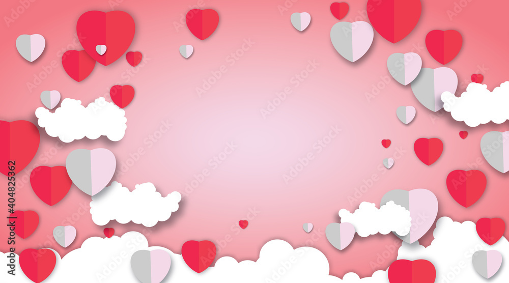Valentines day vector paper with pink background. Heart design and cloud vector illustration.