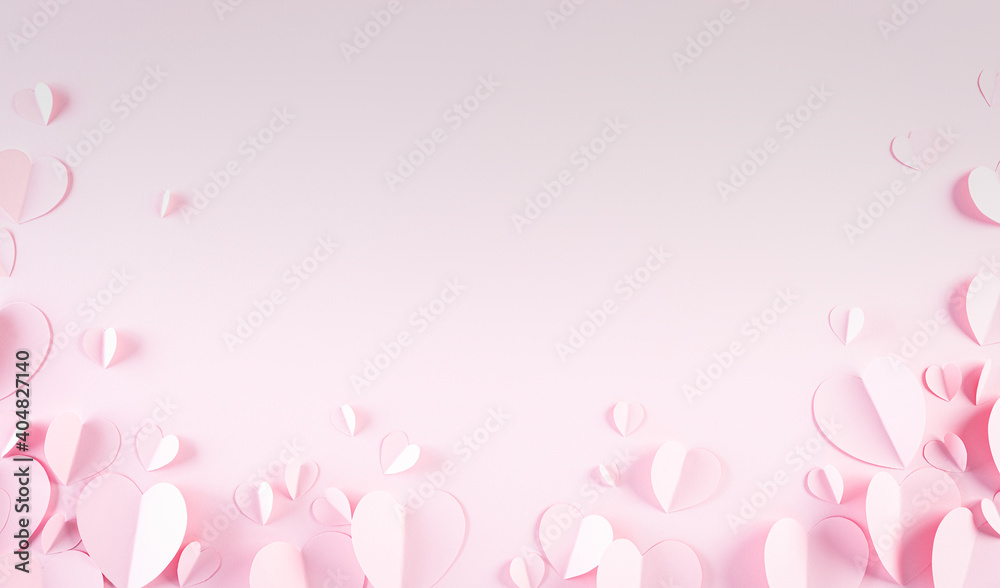 Pink paper hearts decoration on pastel paper background. Love and Valentine's day concept.