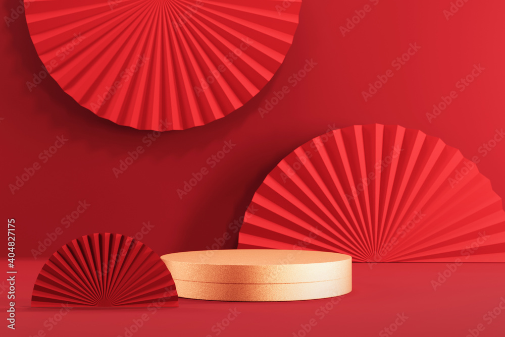 Chinese new year, Golden podium display mockup on red abstract background with hand paper fan for product minimal presentation, 3d rendering.