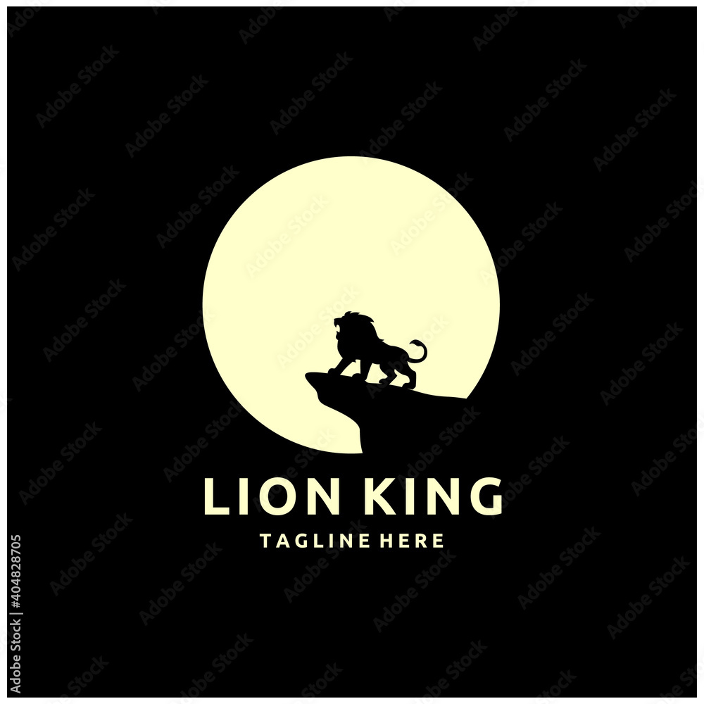 Lion on Rock, Black Silhouette on Moon Background, Logo Design Vector Illustration