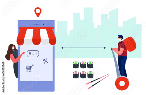 No Contact Home Delivery During Coronavirus.Express Delivery Japanese Food and Asian Meals  During Quarantine on Smartphone.Online Shopping in Medical Mask.Social Distance.Flat Vector Illustration