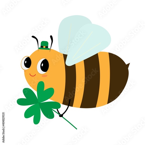 Bee wearing Leprechaun Hat. Cartoon Bee with clover. St. Patrick's Day vector illustration.Postcard, poster, banner, print design.
