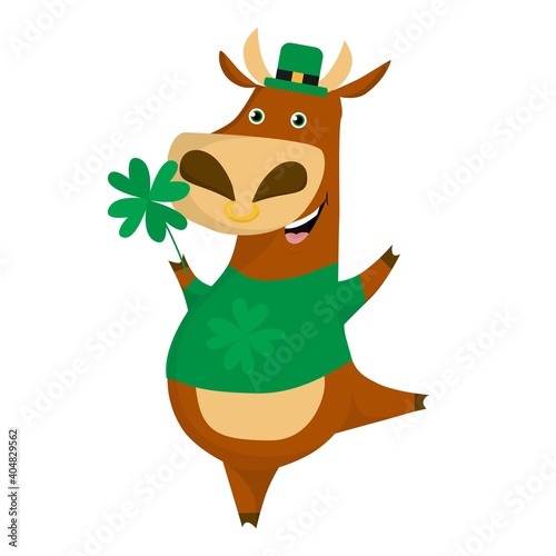 Bull wearing Leprechaun Hat. Cartoon Bull with clover. St. Patrick's Day vector illustration.Postcard, poster, banner, print design.