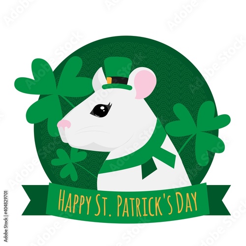 St. Patrick's Day vector illustration. Rat wearing Leprechaun Hat. Cartoon White Rat with clover. Postcard, poster, banner, print design.