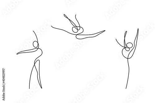 Rhythmic gymnastics in continuous line art drawing style. Abstract figures of gymnasts. Minimalist black linear design isolated on white background. Vector illustration