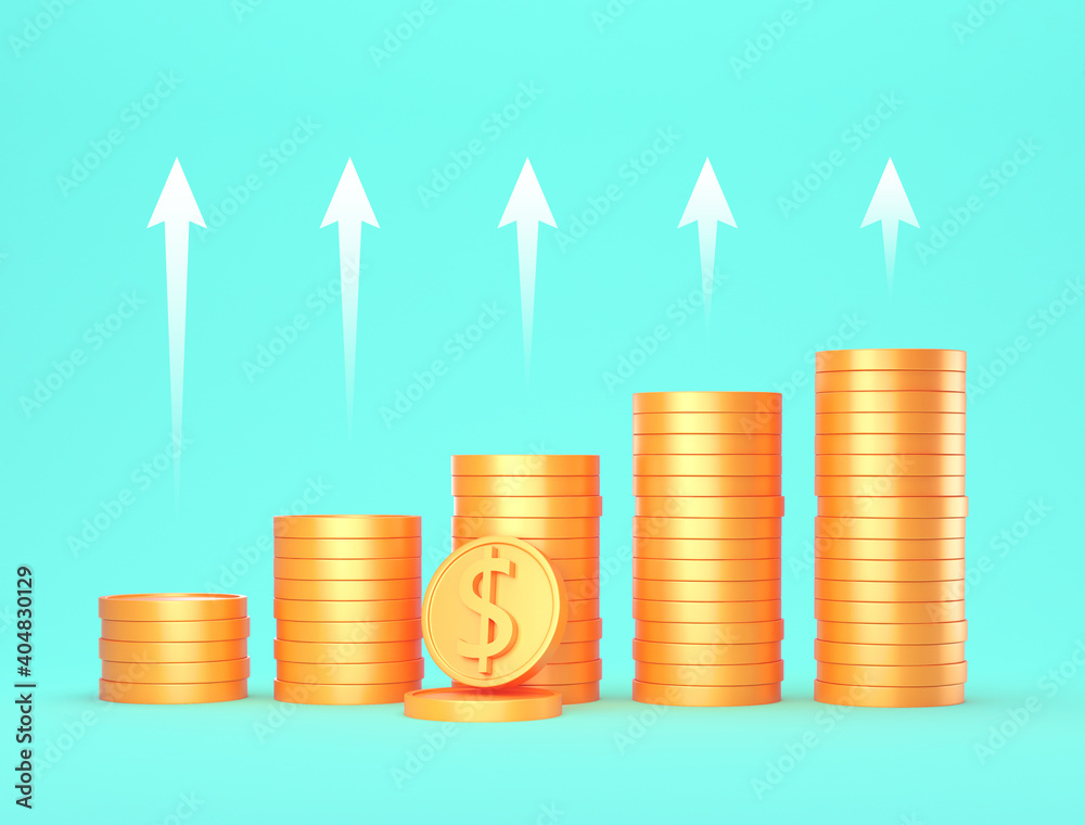 Growth Earnings and financial success concept - Gold coins and white arrow isolated on blue background . 3d render Growth Earnings and financial success concept - Gold coins and white arrow isolated on blue background . 3d render
