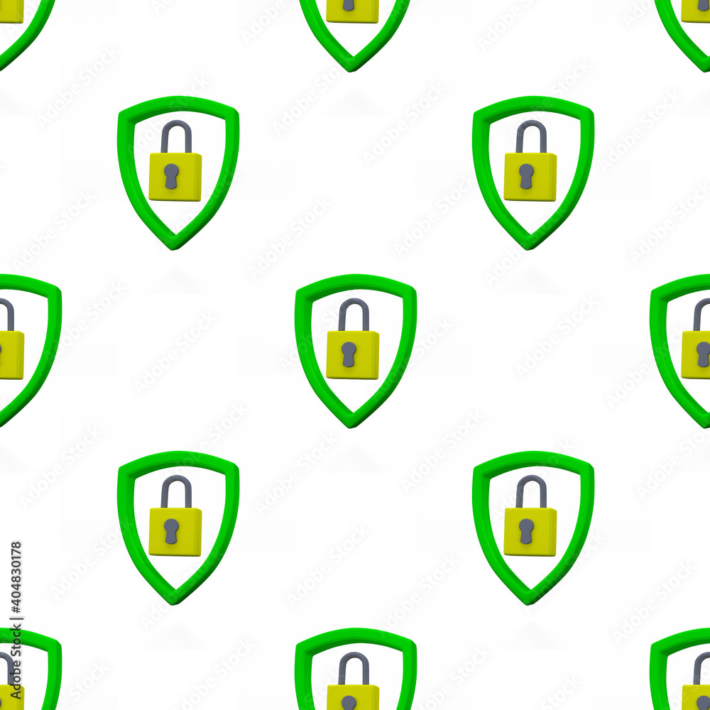 Padlock in shield seamless pattern. Security, safety, protection, privacy concept. Minimalism concept. 3d illustration 3D render